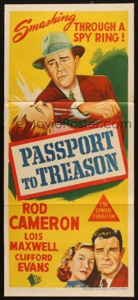 7m057 PASSPORT TO TREASON Aust daybill '56 Rod Cameron, Lois Maxwell, smashing through spy ring!