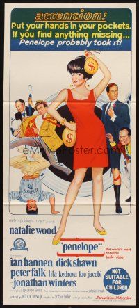 7m780 PENELOPE Aust daybill '66 sexy artwork of Natalie Wood with big money bags and gun!