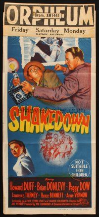 7m071 SHAKEDOWN Aust daybill '50 Howard Duff, Brian Donlevy, Peggy Dow, great film noir art!