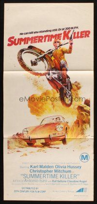 7m892 SUMMERTIME KILLER Aust daybill '73 Karl Malden, Olivia Hussey, cool jumping dirt bike art!