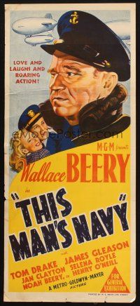 7m912 THIS MAN'S NAVY Aust daybill '45 William Wellman, great image of Navy sailor Wallace Beery!