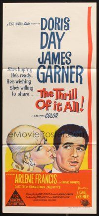 7m918 THRILL OF IT ALL Aust daybill '63 wonderful artwork of Doris Day kissing James Garner!