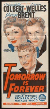 7m928 TOMORROW IS FOREVER Aust daybill R40s art of Orson Welles, Claudette Colbert & George Brent!