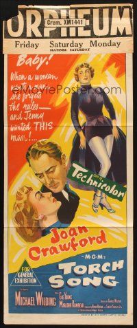 7m933 TORCH SONG Aust daybill '53 unusual art of tough baby Joan Crawford, a wonderful love story!