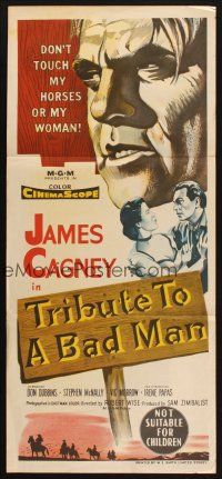 7m091 TRIBUTE TO A BAD MAN Aust daybill '56 great art of James Cagney, pretty Irene Papas!