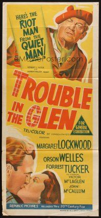 7m944 TROUBLE IN THE GLEN Aust daybill '54 stone litho art of Orson Welles & Margaret Lockwood!
