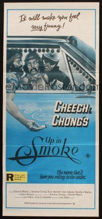 7m957 UP IN SMOKE Aust daybill R80s marijuana drug classic, art of Cheech & Chong pulled over!