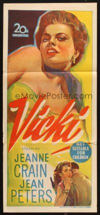 7m097 VICKI Aust daybill '53 cool stone litho artwork of sexy bad girl Jean Peters!