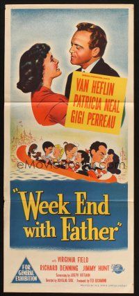 7m978 WEEK END WITH FATHER Aust daybill '51 wacky art of Van Heflin & Patricia Neal in canoe!