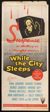 7m099 WHILE THE CITY SLEEPS Aust daybill '56 art of Lipstick Killer's victim, Fritz Lang noir!