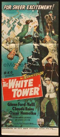 7m984 WHITE TOWER Aust daybill '50 Glenn Ford, Alida Valli, Claude Rains, dramatic climbing art!