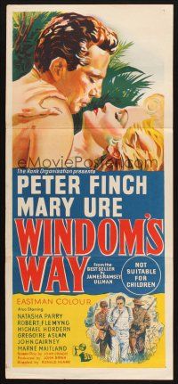 7m988 WINDOM'S WAY Aust daybill '58 romantic artwork of Peter Finch & Mary Ure in the jungle!