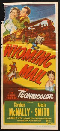 7m993 WYOMING MAIL Aust daybill '50 Stephen McNally, Alexis Smith & train hijacked by outlaws!
