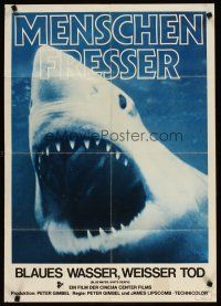 7m234 BLUE WATER, WHITE DEATH German '71 super close image of great white shark with open mouth!