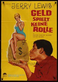 7m279 IT'S ONLY MONEY German '63 Peltzer art of private eye Jerry Lewis w/money bag & sexy girl!