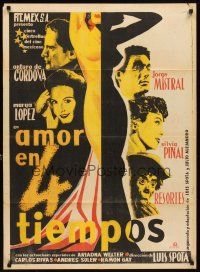 7m198 AMOR EN 4 TIEMPOS Mexican poster '55 Arturo de Cordova, Silvia Pinal, Resortes, sexy art!
