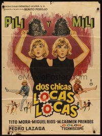 7m201 DOS CHICAS LOCAS LOCAS Mexican poster '65 Pilar Bayona as Pili & Emilia Bayona as Mili!