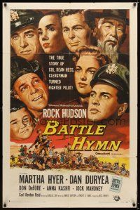 7r207 BATTLE HYMN 1sh '57 art of Rock Hudson as clergyman turned fighter pilot!