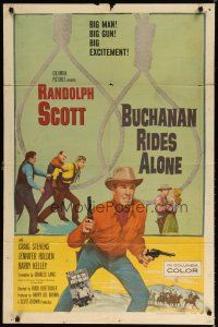 7r287 BUCHANAN RIDES ALONE 1sh '58 big man Randolph Scott & nooses, directed by Budd Boetticher