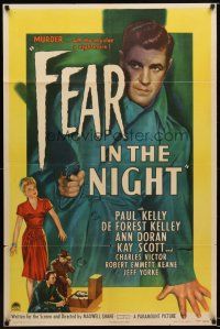 7r044 FEAR IN THE NIGHT 1sh '47 cool film noir artwork of Paul Kelly with pistol!