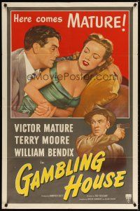 7r045 GAMBLING HOUSE 1sh '51 art of Victor Mature lusting after Terry Moore, plus William Bendix!
