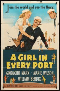 7r406 GIRL IN EVERY PORT 1sh '52 artwork of wacky sailor Groucho Marx & sexy Marie Wilson!
