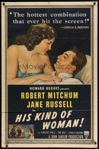 7r049 HIS KIND OF WOMAN 1sh '51 Robert Mitchum, sexy Jane Russell, presented by Howard Hughes!