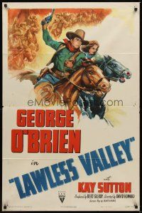 7r503 LAWLESS VALLEY style A 1sh R48 George O'Brien & Kay Sutton on horseback in western action!