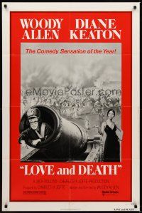 7r521 LOVE & DEATH style C 1sh '75 Diane Keaton about to fire Woody Allen out of a cannon!