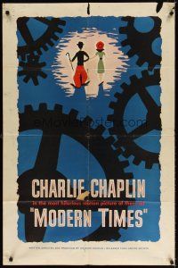 7r580 MODERN TIMES 1sh R59 great Henry Cerutti artwork of Charlie Chaplin with gears!