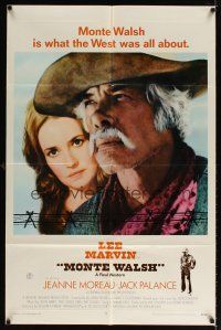7r582 MONTE WALSH int'l 1sh '70 super close up of cowboy Lee Marvin & pretty Jeanne Moreau!