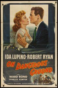 7r075 ON DANGEROUS GROUND 1sh '51 Nicholas Ray, close up art of Robert Ryan holding Ida Lupino!