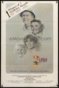 7r623 ON GOLDEN POND awards 1sh '81 art of Hepburn, Henry Fonda, and Jane Fonda by C.D. de Mar!
