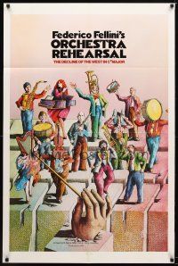 7r634 ORCHESTRA REHEARSAL 1sh '79 Federico Fellini's Prova d'orchestra, cool Bonhomme artwork!