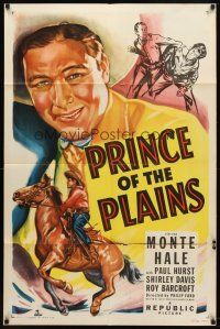 7r702 PRINCE OF THE PLAINS 1sh '49 cool art of cowboy Monte Hale close up & riding his horse!