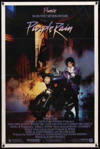 7r714 PURPLE RAIN 1sh '84 great image of Prince riding motorcycle, in his first motion picture!