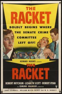 7r088 RACKET 1sh '51 Robert Ryan grabs sexy Lizabeth Scott, Robert Mitchum, Howard Hughes