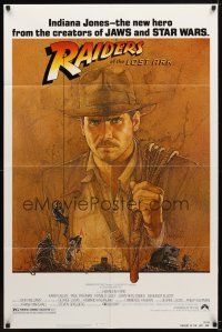 7r721 RAIDERS OF THE LOST ARK 1sh '81 great art of adventurer Harrison Ford by Amsel!