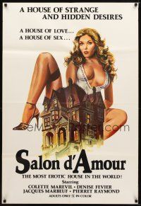 7r778 SALON D'AMOUR 1sh '76 artwork of sexy Colette Marevil behind mansion, rated X!