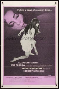 7r798 SECRET CEREMONY 1sh '68 Elizabeth Taylor, Mia Farrow, Robert Mitchum, Joseph Losey directed!