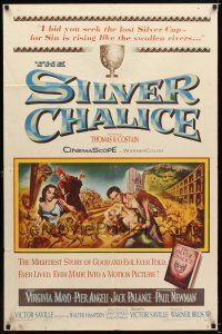 7r824 SILVER CHALICE 1sh '55 great art of Virginia Mayo & Paul Newman in his first movie!