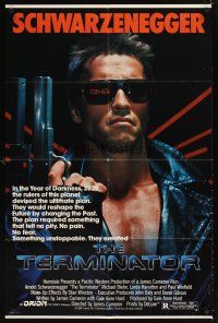 7r913 TERMINATOR 1sh '84 super close up of most classic cyborg Arnold Schwarzenegger with gun!