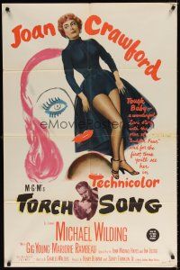 7r929 TORCH SONG 1sh '53 unusual art of tough baby Joan Crawford, a wonderful love story!