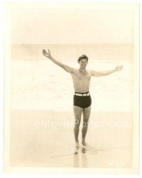 7s457 JOHNNY WEISSMULLER 8x10 still '30s wonderful full-length portrait in swimsuit on the beach!