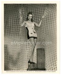 7s585 MARTHA O'DRISCOLL 8x10 still '44 full-length in sexy flamingo swimsuit & holding onto net!