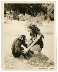 7s874 TARZAN ESCAPES 8x10 still R54 great c/u of Maureen O'Sullivan kneeling by Cheeta the chimp!