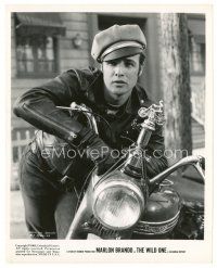 7s979 WILD ONE 8x10 still R60 best c/u of biker Marlon Brando in leather on motorcycle w/ trophy!