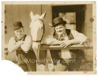 7s990 WRONG AGAIN 8x10 still '29 great portrait of horse between Stan Laurel & Oliver Hardy!