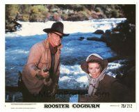 7s052 ROOSTER COGBURN 8x10 mini LC #1 '75 John Wayne & Katharine Hepburn on raft in river!