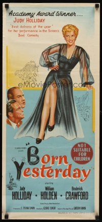 7w642 BORN YESTERDAY Aust daybill '51 stone litho art of sexy Judy Holliday, Holden & Crawford!